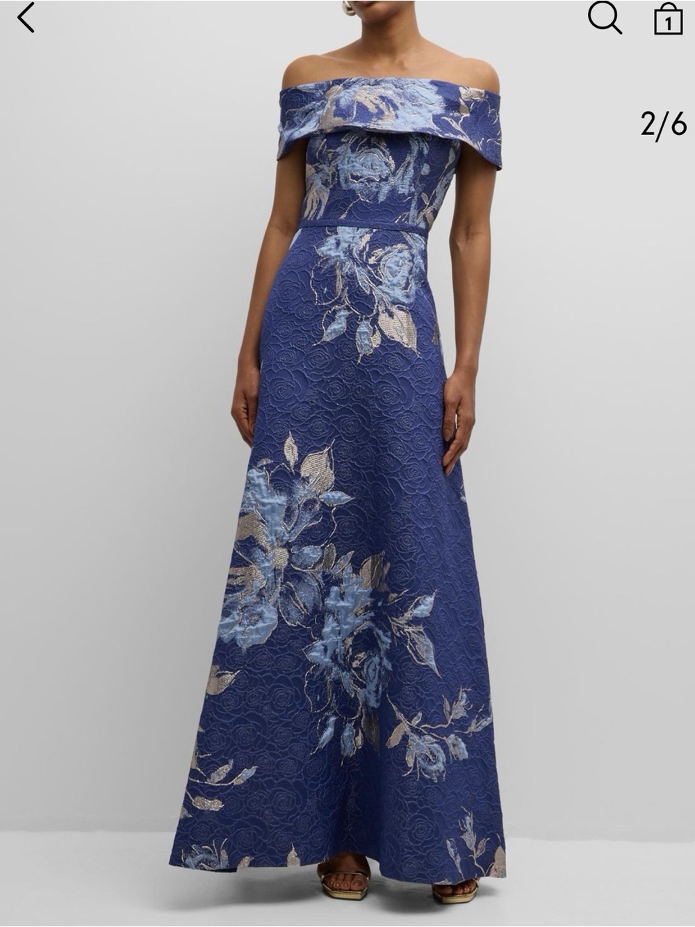Rickie Freeman for Teri Jon Off-Shoulder Metallic Floral Jacquard Evening Gown